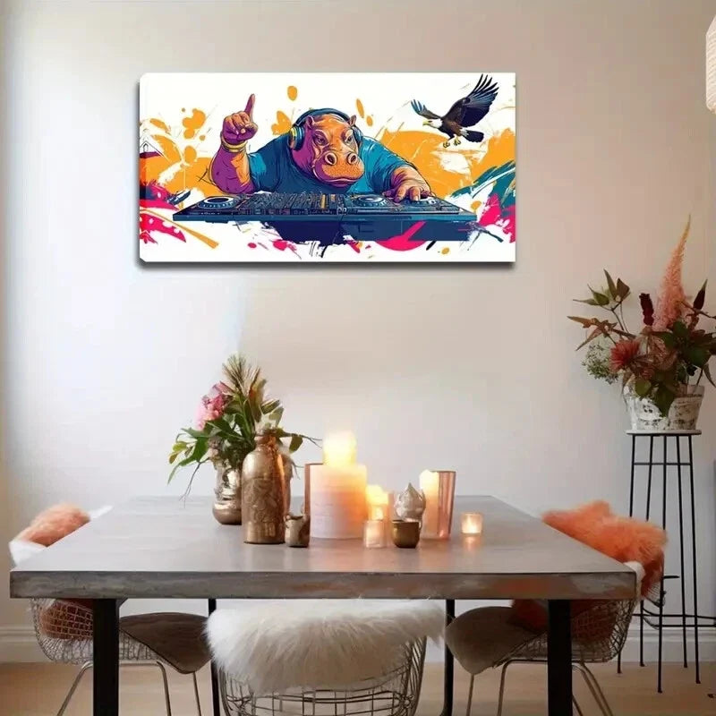 Vibrant DJ Hippo Headphones Wall Art Canvas Office Home Room Framed 80x45cm