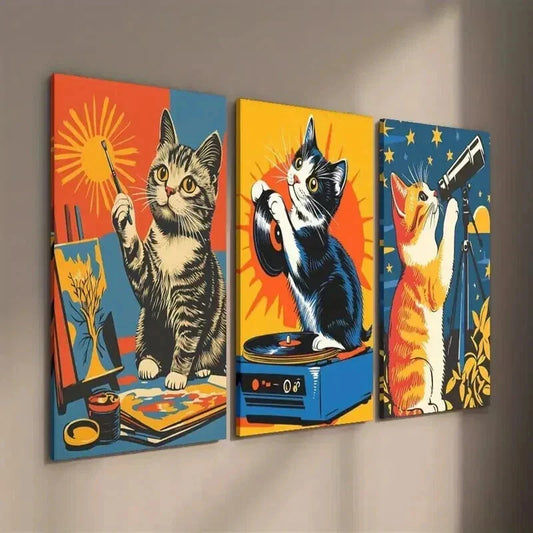3pcs DJ Cat Astronomy Cat Sunrise Cat Wall Art Set Canvas Framed 40x60cm - High Quality Print 100% Australian Made Wall Canvas Ready to Hang