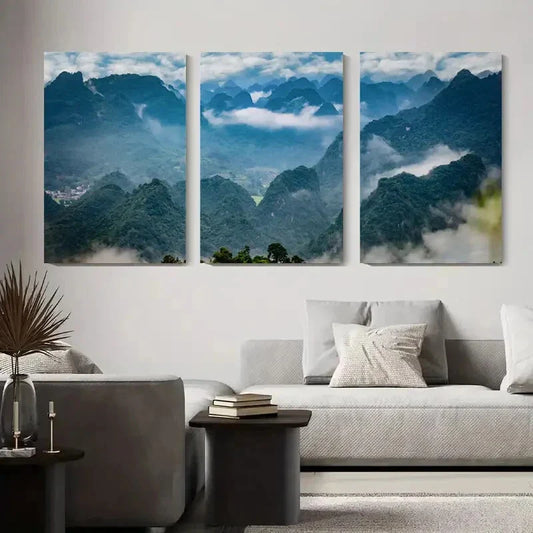 3pcs Foggy Peaks, Lush Green Valleys, and Cloud Metal Print Ready to Hang Art