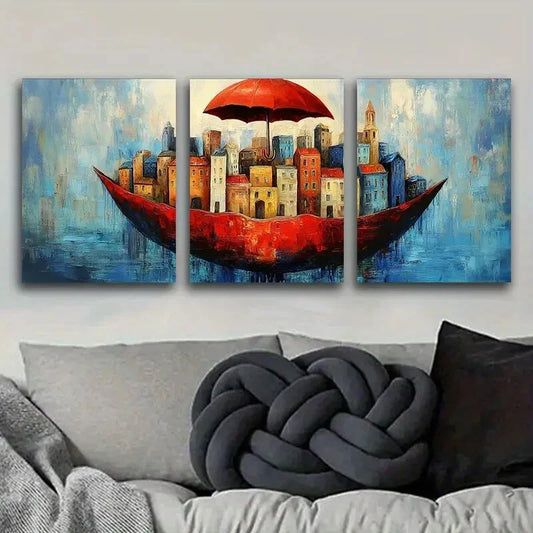 3pcs City view under a red umbrella Metal Print Ready to Hang Art
