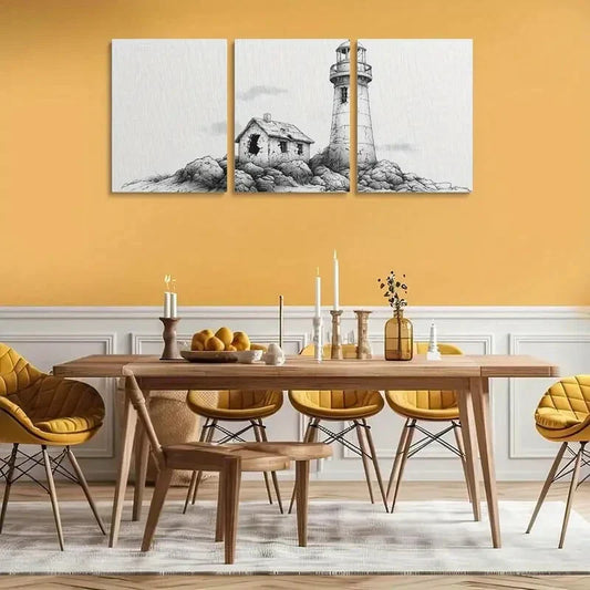 3pcs Vintage Lighthouse Black & White Ink Metal Print Ready to Hang Art