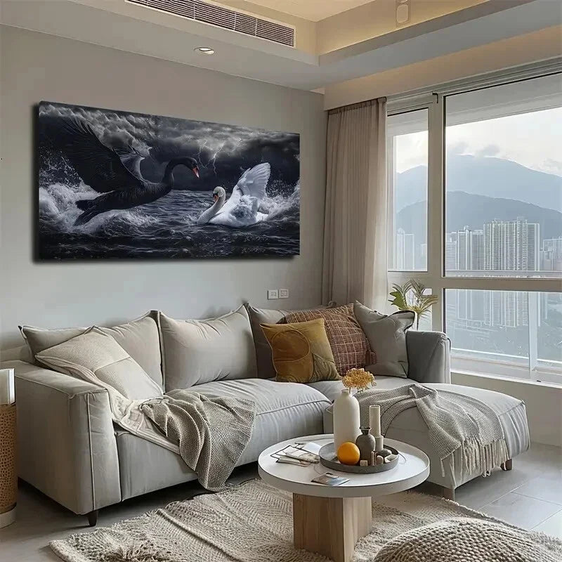 Stormy Weather Day Swan Black Wall Art Canvas Office Home Room Framed 120x60cm
