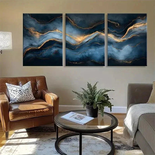 3pcs Abstract Blue and Golden Marble-Inspired Wall Art Set Canvas Framed 40x60cm - High Quality Print 100% Australian Made Wall Canvas Ready to Hang