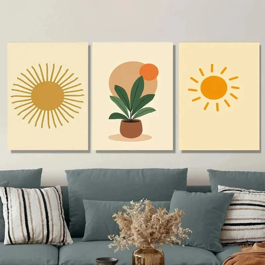 3pcs Vibrant Sun & Plant Framed Sunny Botanical Wall Art Set Canvas Framed 40x60cm - High Quality Print 100% Australian Made Wall Canvas Ready to Hang