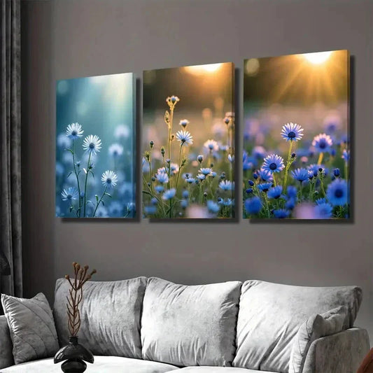 3pcs Blue And White Floral Daisies Snapdragons Wall Art Set Canvas Framed 40x60cm - High Quality Print 100% Australian Made Wall Canvas Ready to Hang