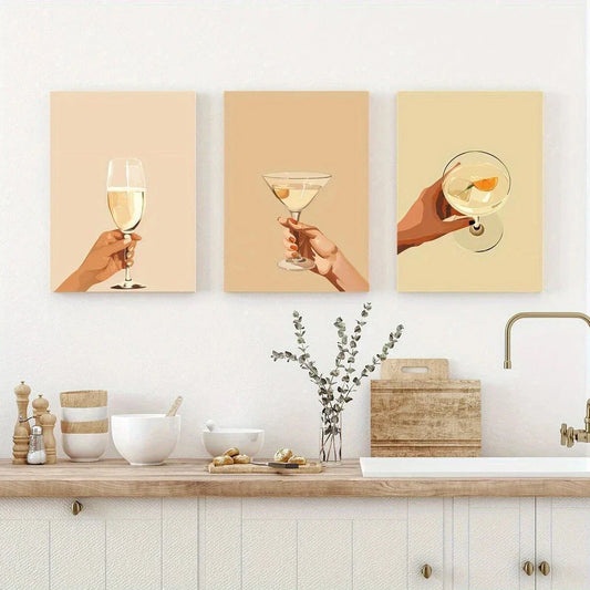 3pcs Modern Toasting Hands with Drinks Metal Print Ready to Hang Art