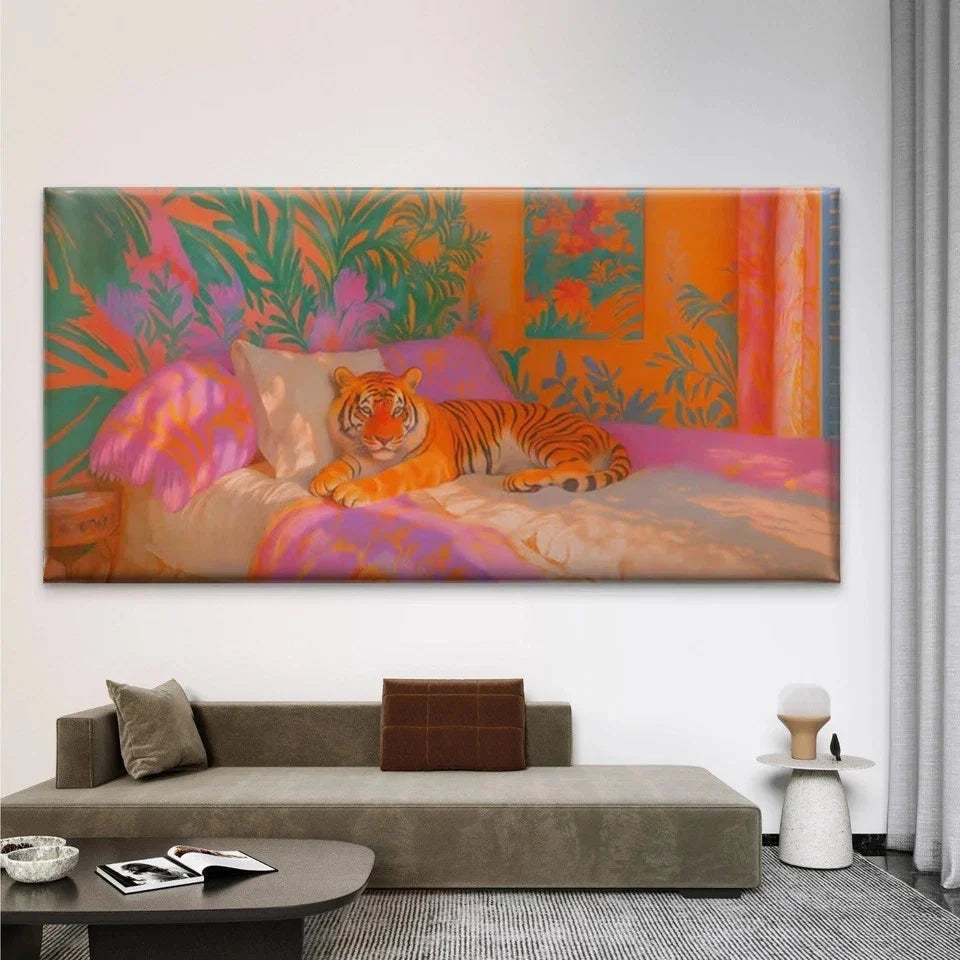 Tiger on Colorful Tropical Bed Wall Art Canvas Office Home Room Framed 80x45cm