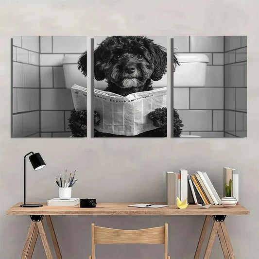 3pcs Whimsical Bernedoodle Dog Reading Newspaper Metal Print Ready to Hang Art