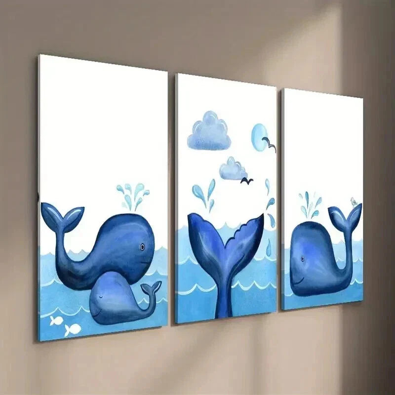 3pcs Blue Ocean Whale And Bird Decor Wall Art Set Canvas Framed 40x60cm - High Quality Print 100% Australian Made Wall Canvas Ready to Hang