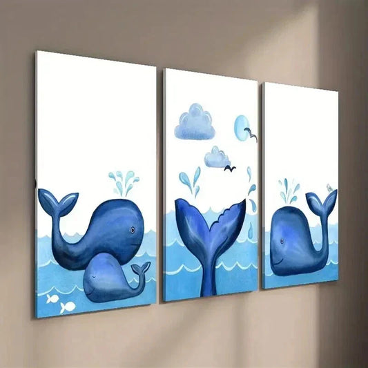 3pcs Blue Ocean Whale And Bird Decor Wall Art Set Canvas Framed 40x60cm - High Quality Print 100% Australian Made Wall Canvas Ready to Hang