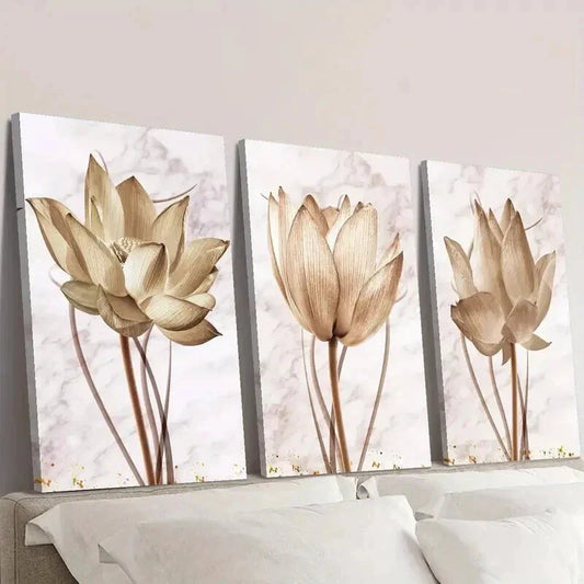 3pcs Golden Lotus Close Up Decorative Wall Art Set Canvas Framed 40x60cm - High Quality Print 100% Australian Made Wall Canvas Ready to Hang