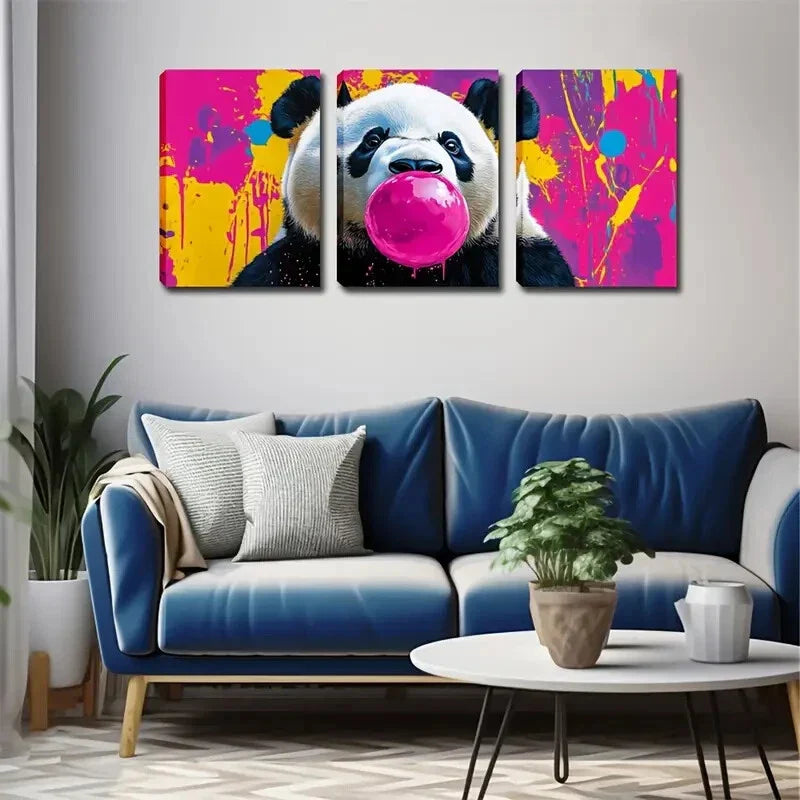 3pcs Panda Pink Paint Bubble cartoon style Wall Art Set Canvas Framed 40x60cm - High Quality Print 100% Australian Made Wall Canvas Ready to Hang