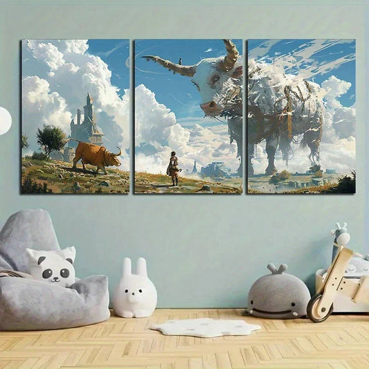 3pcs Brave Bull White Clouds Blue Sky Metal Print Ready to Hang Art
