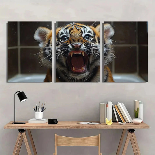3pcs Funny Tiger Brushing Teeth Metal Print Ready to Hang Art