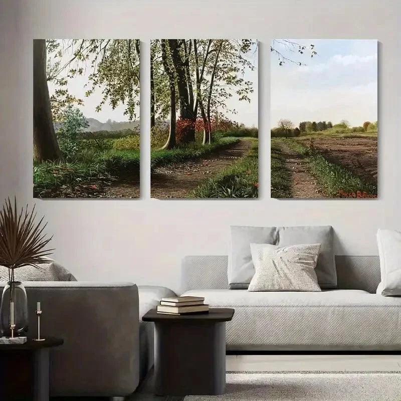 3pcs Tranquil Dirt Road with Trees & Wildflowers Metal Print Ready to Hang Art