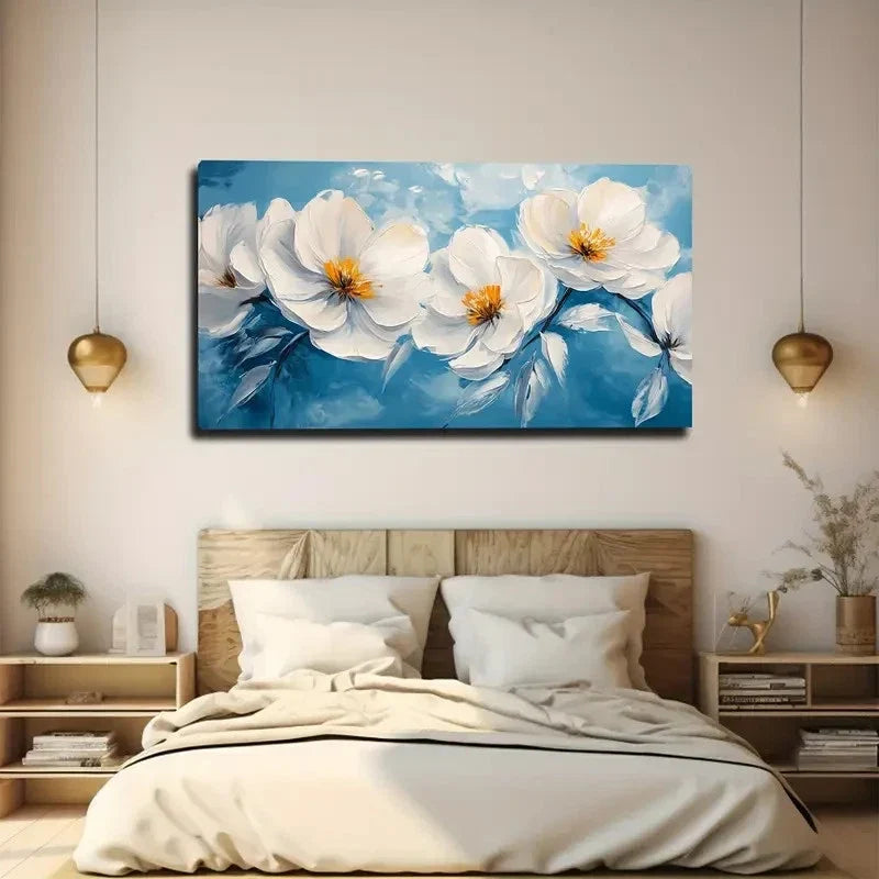 White Flowers with Blue Wall Art canvas office home room framed 120x60cm