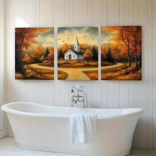 3pcs Autumn Church Landscape Rustic Perfect Wall Art Set Canvas Framed 40x60cm - High Quality Print 100% Australian Made Wall Canvas Ready to Hang
