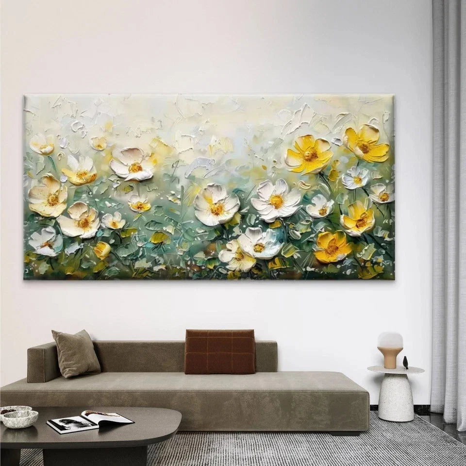Yellow White Flower Field Wall Art Canvas Office Home Room Framed 80x45cm
