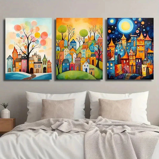 3pcs Starry Dream City Plants and Trees Metal Print Ready to Hang Art