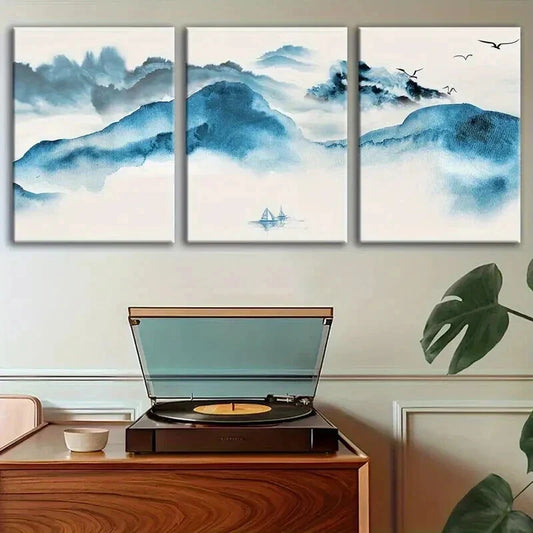 3pcs Stunning Blue Mountain Landscape with Birds Wall Art Set Canvas Framed 40x60cm - High Quality Print 100% Australian Made Wall Canvas Ready to Hang