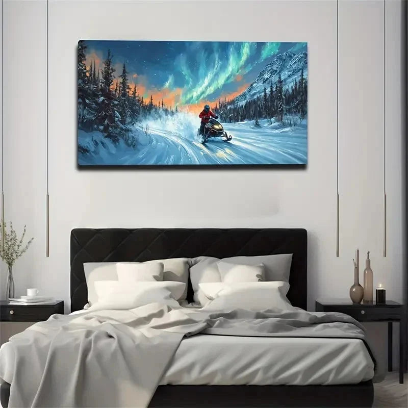 Northern Lights Snowmobile Wall Art Canvas Office Home Room Framed 80x45cm