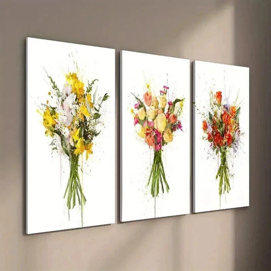 3pcs Colorful Floral Murals with Green Stems Wall Art Set Canvas Framed 40x60cm - High Quality Print 100% Australian Made Wall Canvas Ready to Hang