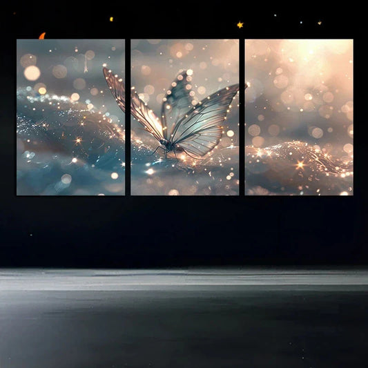 3pcs Butterflies Stunning Gold Bubbles Metal Print Ready to Hang Art