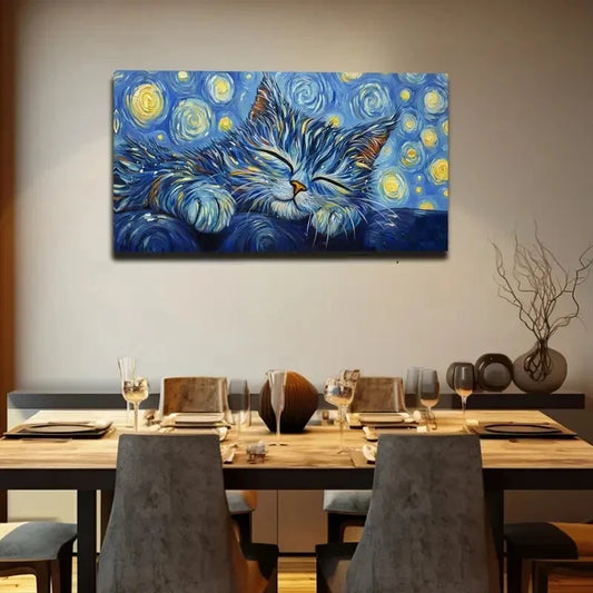 Sleeping Cat With Vibrant Blue Wall Art Canvas Office Home Room Framed 120x60cm
