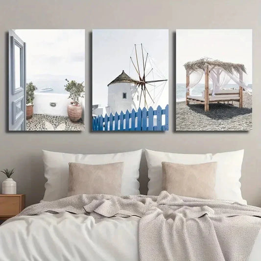 3pcs Greece Coast Santorini Island Mediterranean Metal Print Ready to Hang Art