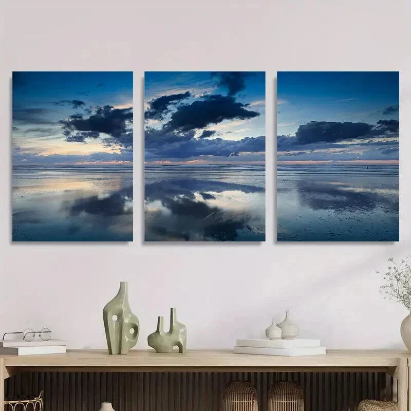 3pcs Serene Seaside Landscape, Beautiful Sunset Metal Print Ready to Hang Art