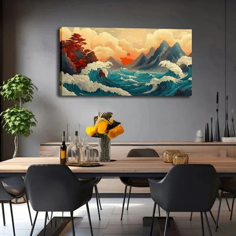 Tide Waves & Mountain Landscape Wall Art Canvas Office Home Room Framed 120x60cm