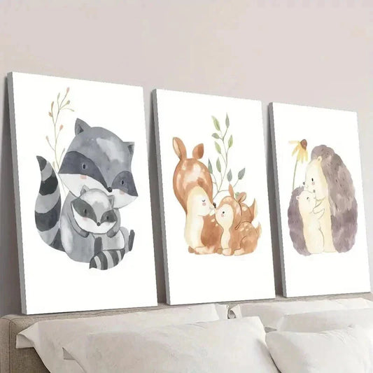 3pcs Raccoon Hedgehog Squirrel Families Wall Art Set Canvas Framed 40x60cm - High Quality Print 100% Australian Made Wall Canvas Ready to Hang