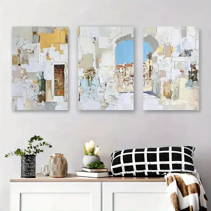 3pcs Abstract Architectural Golden Accents Metal Print Ready to Hang Art