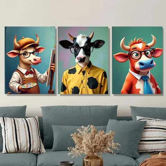 3pcs Colorful Cow Modern Farmhouse Animal Wall Art Set Canvas Framed 40x60cm - High Quality Print 100% Australian Made Wall Canvas Ready to Hang
