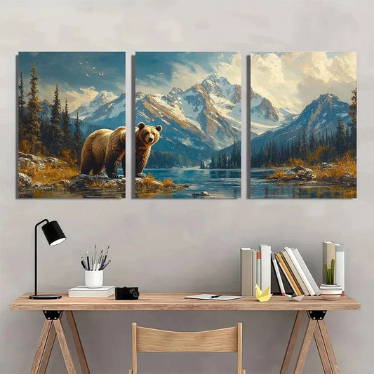 3pcs Forest & Bear Mountains Lush Trees Nature Metal Print Ready to Hang Art