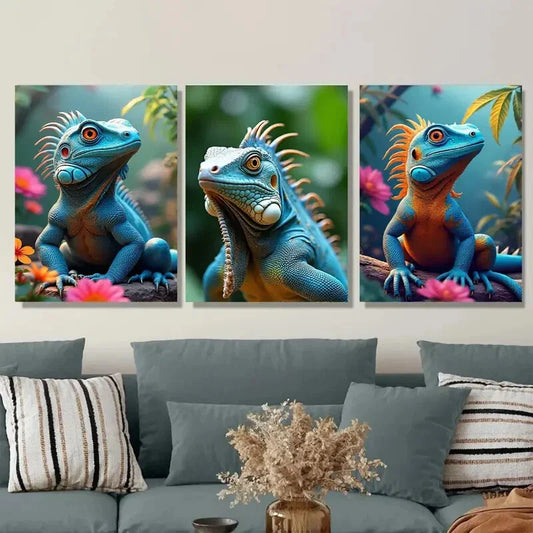 3pcs Vibrant Blue Iguana Nature Scene Flowers Wall Art Set Canvas Framed 40x60cm - High Quality Print 100% Australian Made Wall Canvas Ready to Hang