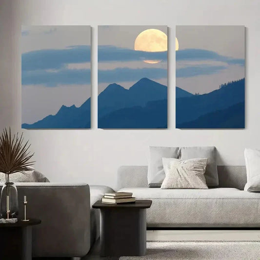 3pcs Night Sky with Full Moon Over Peaks Metal Print Ready to Hang Art
