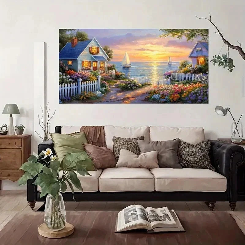 Sunset Coastal Scene Wall Art Canvas Office Home Room Framed 80x45cm