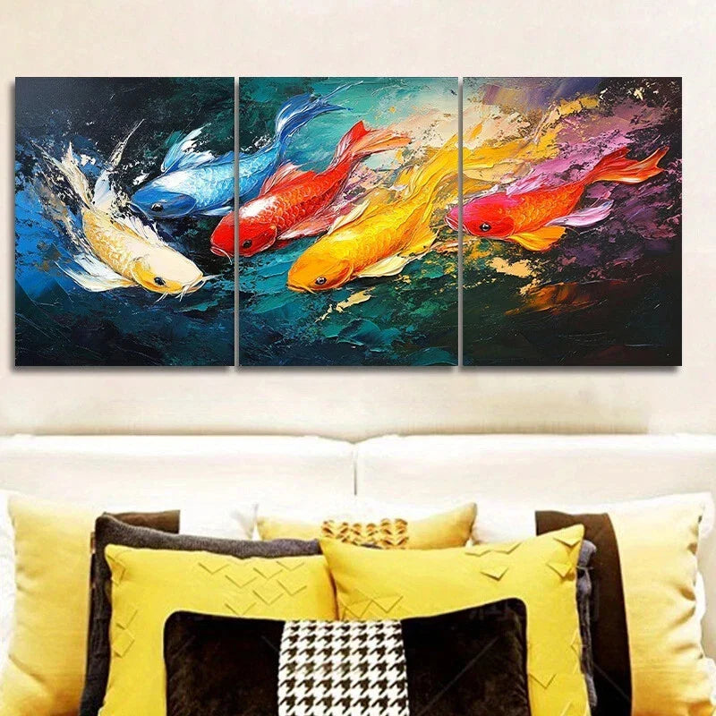 3pcs Abstract Colourful Fishes Red Blue & Gold Metal Print Ready to Hang Art