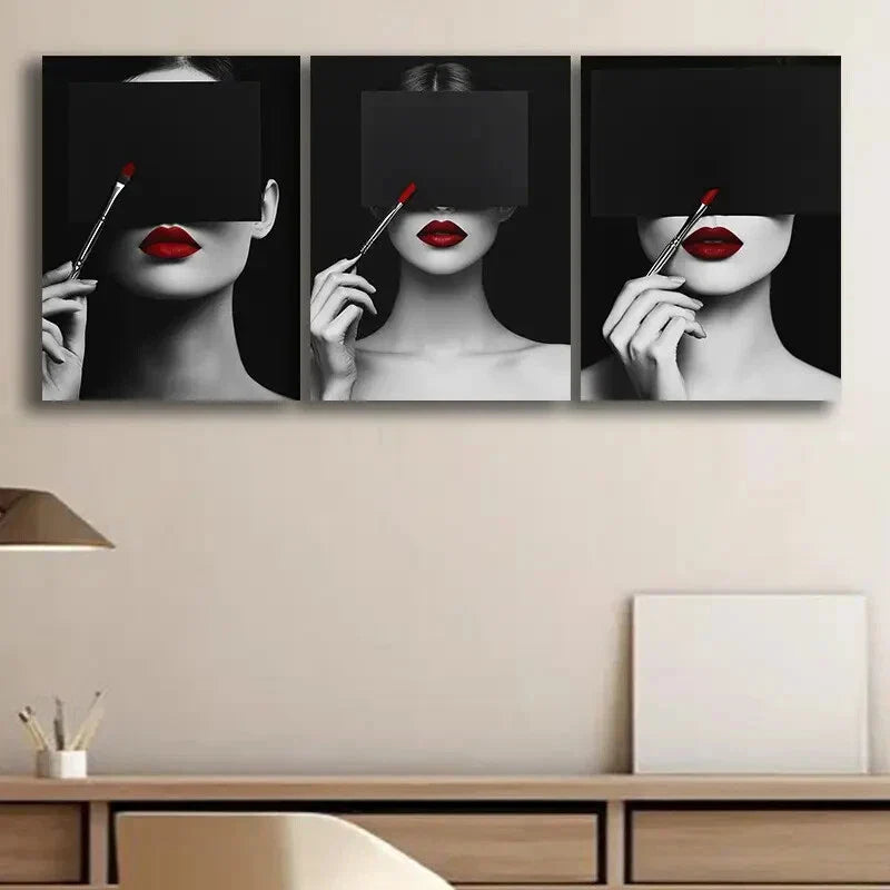 3pcs A Woman in Red Lipstick Darkness Perfect Wall Art Set Canvas Framed 40x60cm - High Quality Print 100% Australian Made Wall Canvas Ready to Hang
