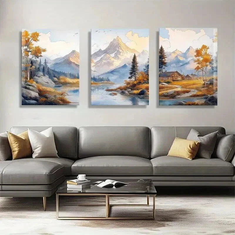 3pcs Scenic Autumn Views with Majestic Mountains Wall Art Set Canvas Framed 40x60cm - High Quality Print 100% Australian Made Wall Canvas Ready to Hang