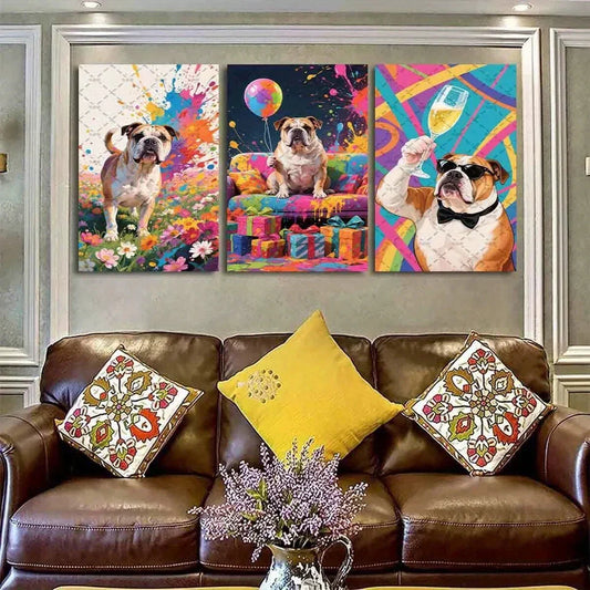 3pcs Bulldog Vibrant Floral & Party Metal Print Ready to Hang Art