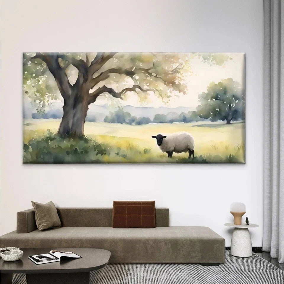 Sheep Under Tree Meadow Wall Art Canvas Office Home Room Framed 80x45cm