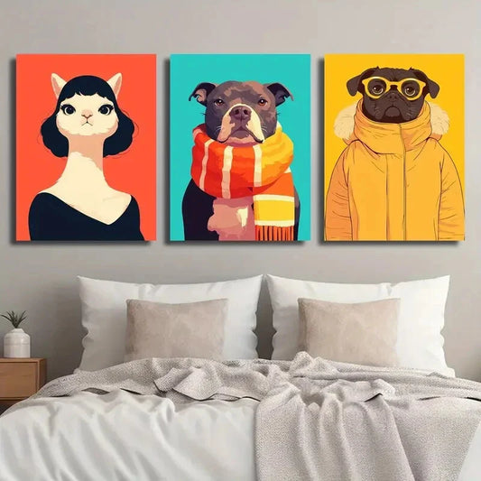 3pcs Abstract Cartoon Animal Murals Cats Dogs Metal Print Ready to Hang Art