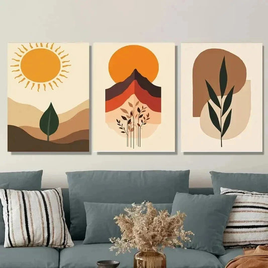 3pcs Modern Abstract Boho Sun, Mountains Wall Art Set Canvas Framed 40x60cm - High Quality Print 100% Australian Made Wall Canvas Ready to Hang
