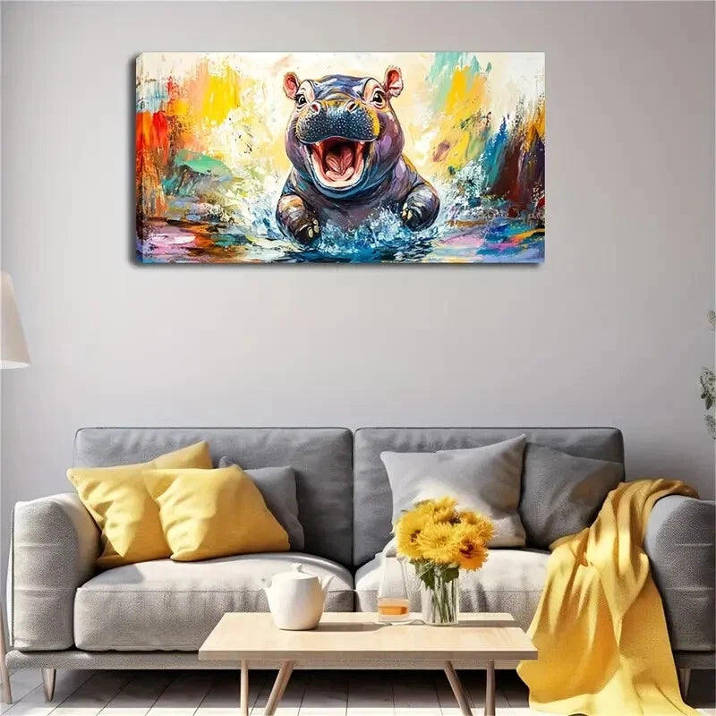 Vibrant Watercolor Hippo Wild Wall Art Canvas Office Home Room Framed 120x60cm