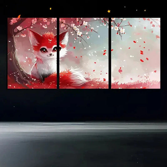 3pcs Baby Fox Modern Design Red & White Metal Print Ready to Hang Art