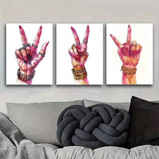 3pcs Fashionable Hand Gesture Triptych Wall Art Set Canvas Framed 40x60cm - High Quality Print 100% Australian Made Wall Canvas Ready to Hang