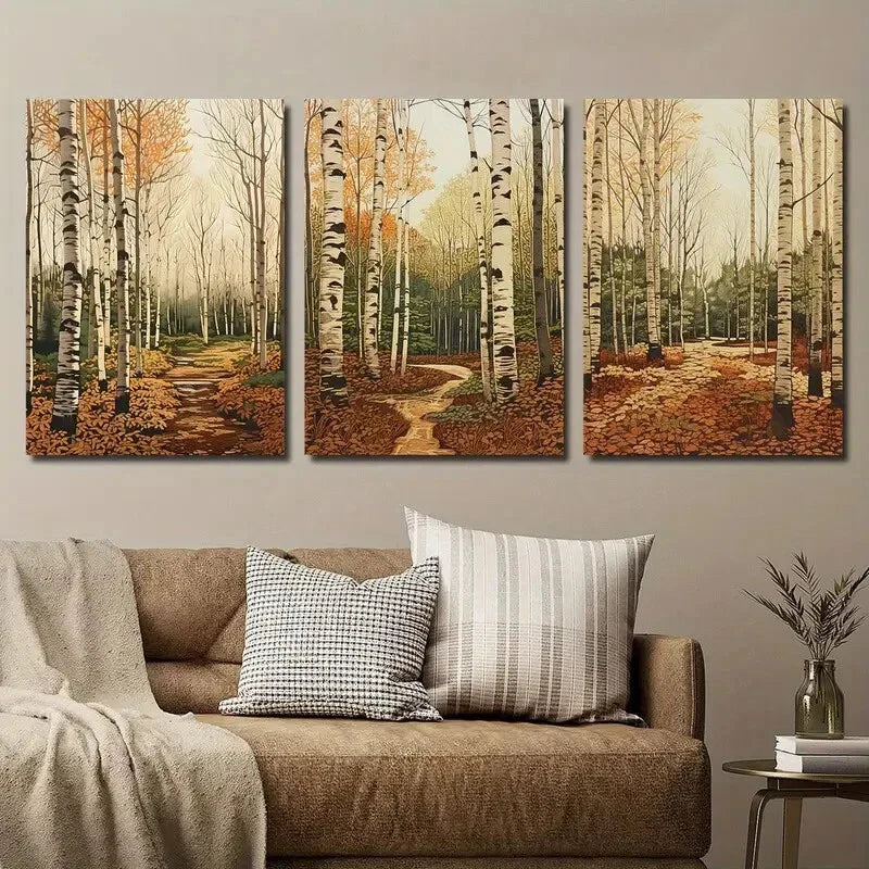 3pcs Autumnal Birch Trees & Fall Foliage Wall Art Set Canvas Framed 40x60cm - High Quality Print 100% Australian Made Wall Canvas Ready to Hang