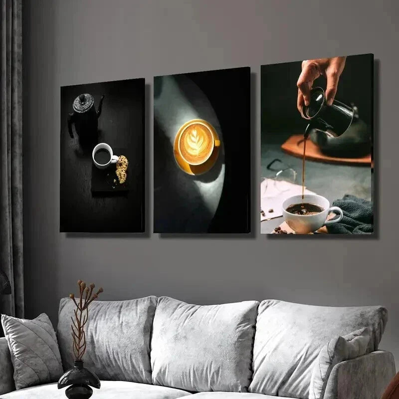 3pcs Black Espresso Coffee and Cake Wall Art Set Canvas Framed 40x60cm - High Quality Print 100% Australian Made Wall Canvas Ready to Hang